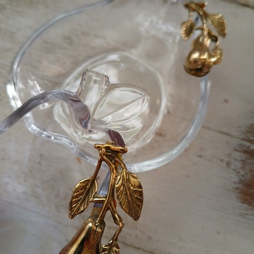 Vintage glass bowls shaped like pears with brass fruit detail, like new