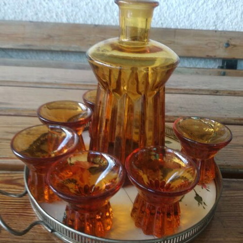 Göran Hongell vintage cocktail set used, amber crystal 1920s