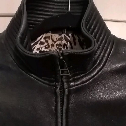 Women's leather biker jacket used, black, size S with leopard lining