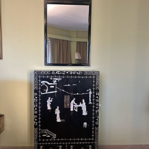Chinese lacquer bar cabinet with mirror used, Anhui Arts & Crafts