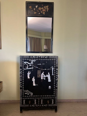 Chinese lacquer bar cabinet with mirror used, Anhui Arts & Crafts