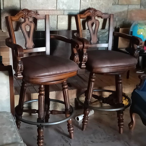Kourtis two wooden swivel bar stools, handcrafted, leather upholstery, neoclassical
