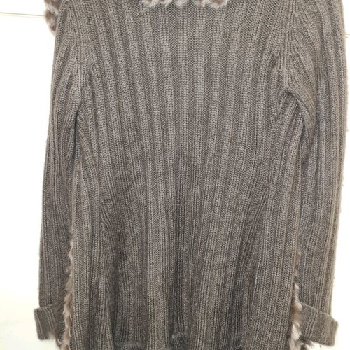 Wool cardigan beige with natural fur trim like new, size S/M