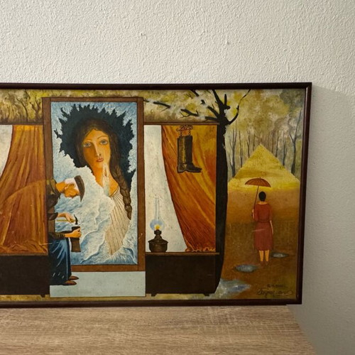 Vintage surrealist painting used, signed by Bukharish, 98x62 cm