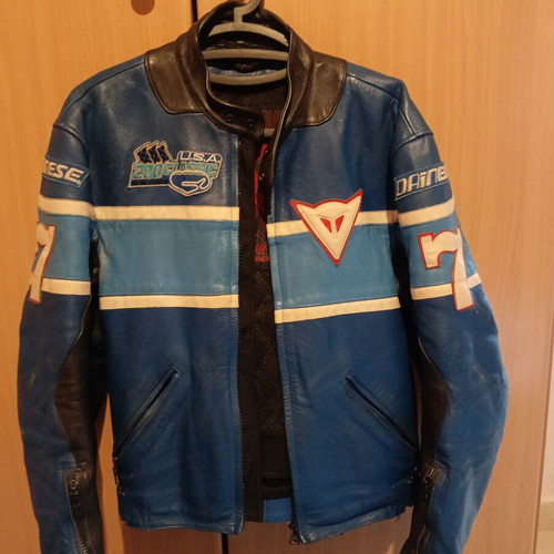 Dainese leather motorcycle jacket used with elbow protectors and zipper
