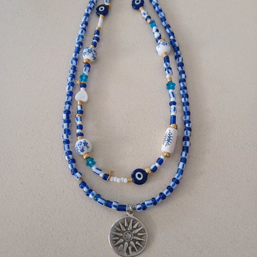 Blue Sun necklace with rokai round beads and gold-plated elements new