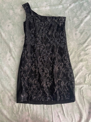 Scandalo black mini dress with one shoulder and rhinestones new
