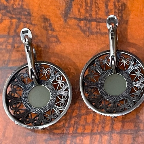 Silver earrings handmade filigree 925 with nephrite stone