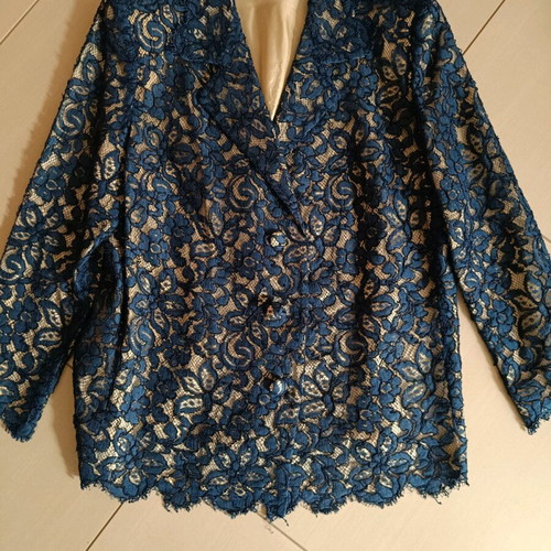 Women's jacket with blue lace on beige fabric, like new, size Large