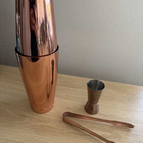 Hendi Tin Tin Copper stainless steel cocktail shaker, jigger and tongs