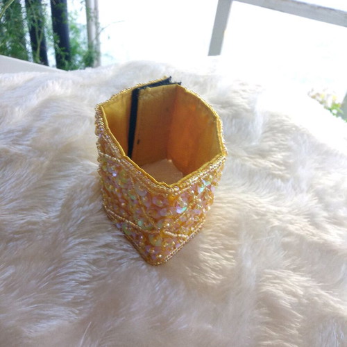 Handmade wide cuff bracelet with yellow beads and sequins like new