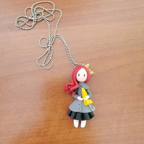 Necklace with polymer clay girl and steel chain new