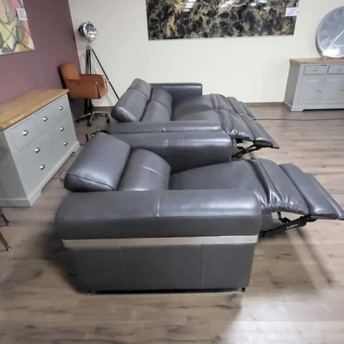 Moreno gray leather three-seater sofa and armchair with electric relax mechanism new