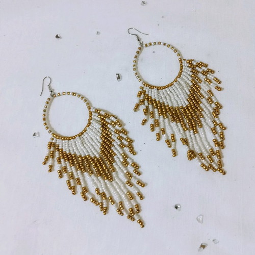 Long boho earrings new with white and gold beads