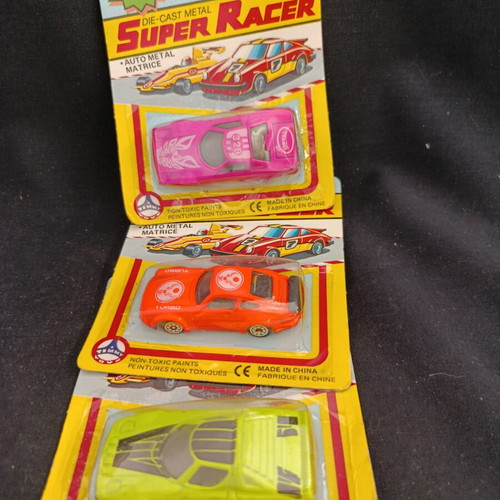 Lot of 3 Neon Die Cast Metal Super Racer Toy Cars new, 1980s