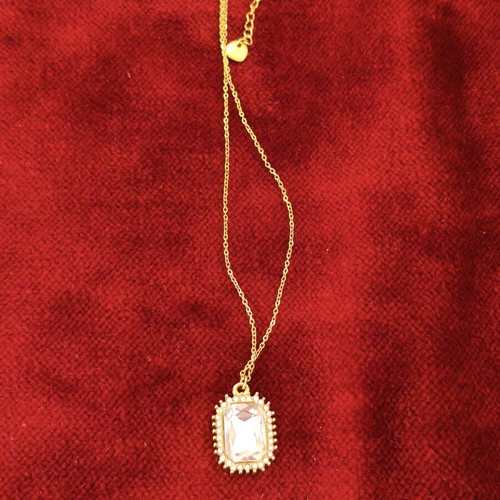 Stainless Steel Necklace with Rectangular Crystal and Strass Halo, Like New