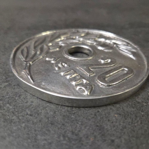 Coaster 20 lepta (drachma) used, pierced 1969 coin, aluminum
