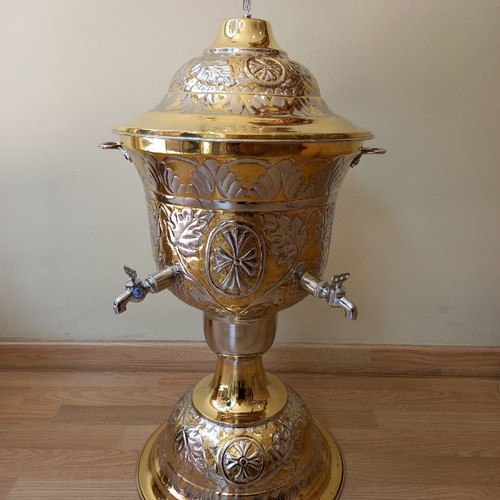 Bronze holy water container carved 77 cm with 2 taps new, 10 liters