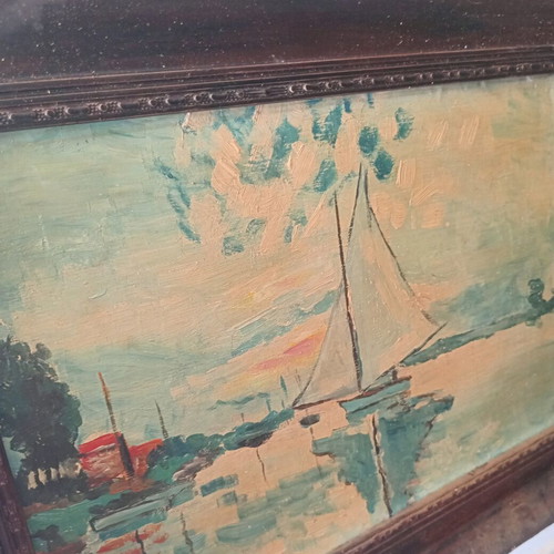 Vintage painting used, sailboats on the Seine inspired by Claude Monet