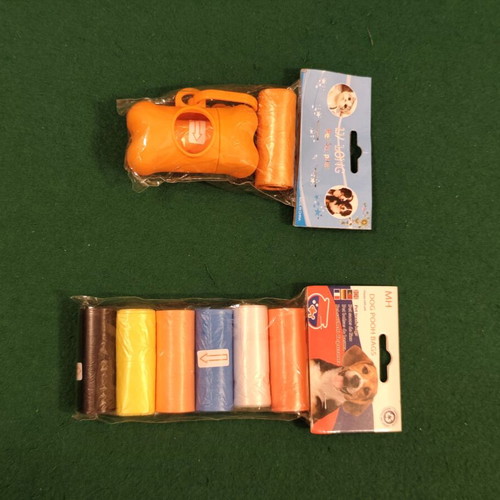 Dog poop bag dispenser set with refill rolls, orange and multicolor