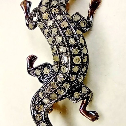 Vintage lizard brooch silver 925 and 14K gold with diamonds and rubies like new