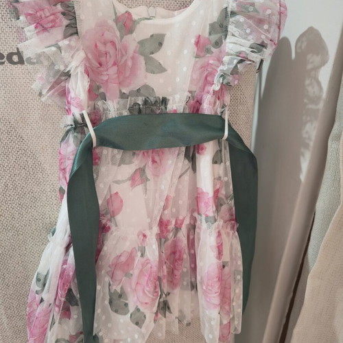 Floral white tulle dress with satin belt, like new, 1 year 80 cm