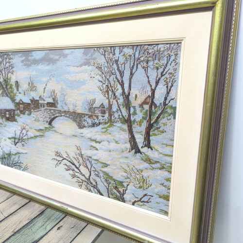 Handmade embroidery depicting snowy village, like new