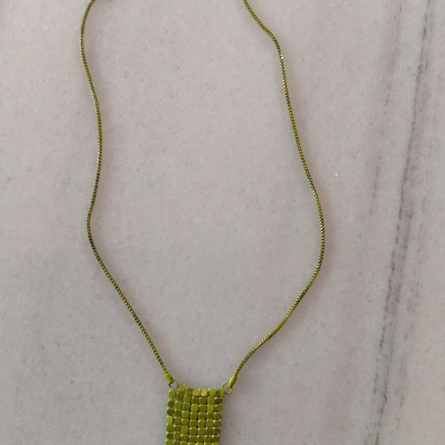 Vintage green metal mesh necklace with rectangular pendant