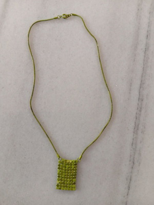Vintage green metal mesh necklace with rectangular pendant