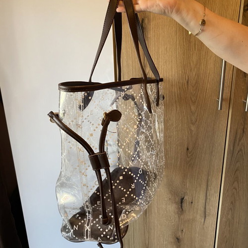 Transparent beach tote bag with brown faux leather, like new