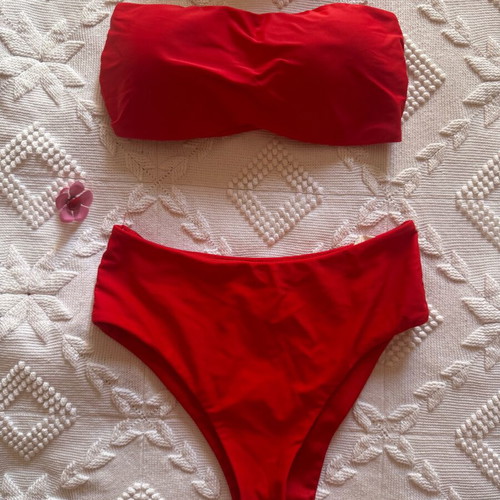 Bikini set red strapless, high-waisted, like new, size S