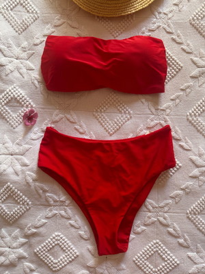 Bikini set red strapless, high-waisted, like new, size S