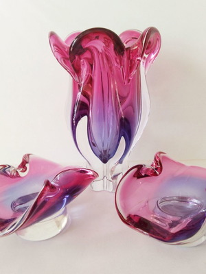 Set Murano ανθοδοχείο και 2 σταχτοδοχεία σαν καινούργιο, ροζ-μπλε
