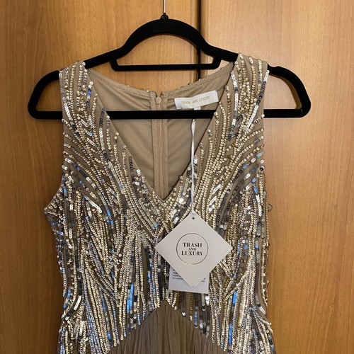 Official long dress new, beige with gold and silver sequins