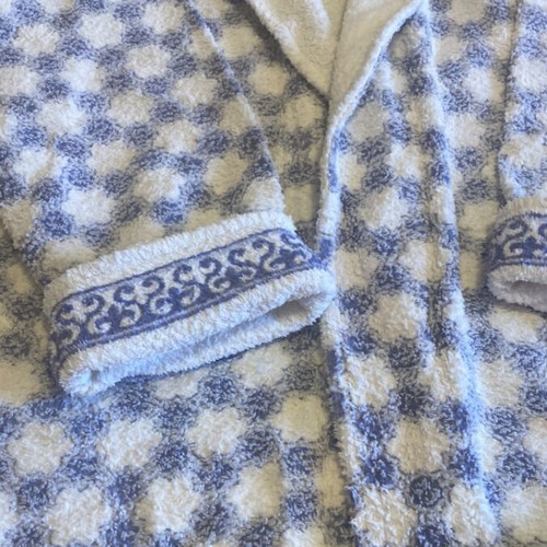 Bathrobe like new, size large, beige and blue