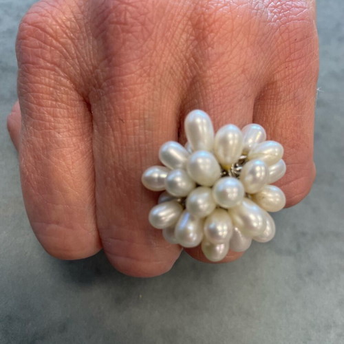 Ring with Adjustable Size Grape Design and White Stones like Pearls