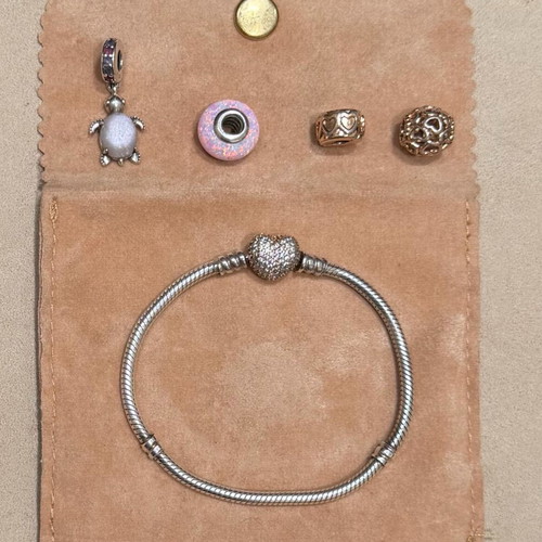 Pandora bracelet with charms like new, pink and silver, 18cm