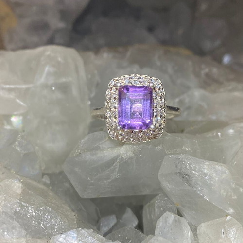 Silver ring with natural amethyst cut stone and moissanite, new