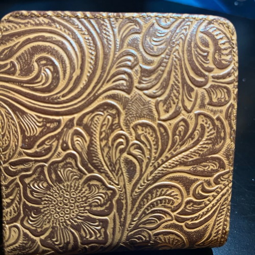 Travel clock leather embossed brown quartz unused with alarm