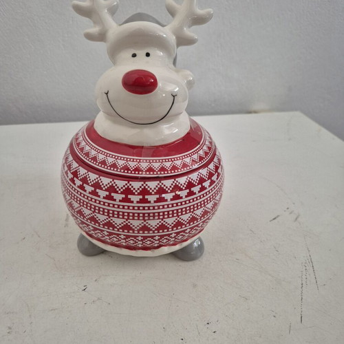 Christmas Ceramic Cookie Jar with Smiling Reindeer Lid new