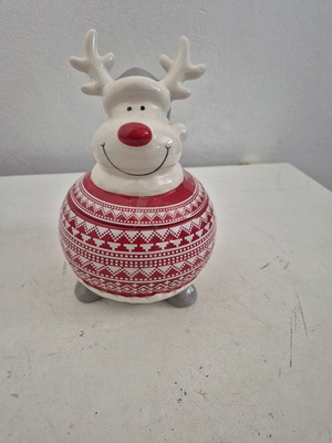 Christmas Ceramic Cookie Jar with Smiling Reindeer Lid new