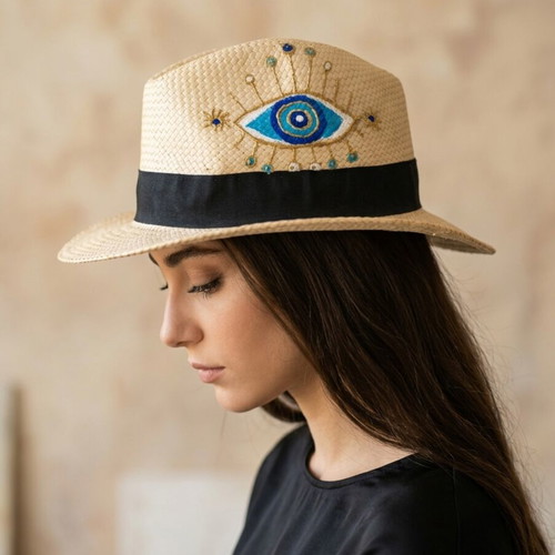 Handmade straw hat with blue and gold acrylic painting