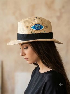 Handmade straw hat with blue and gold acrylic painting