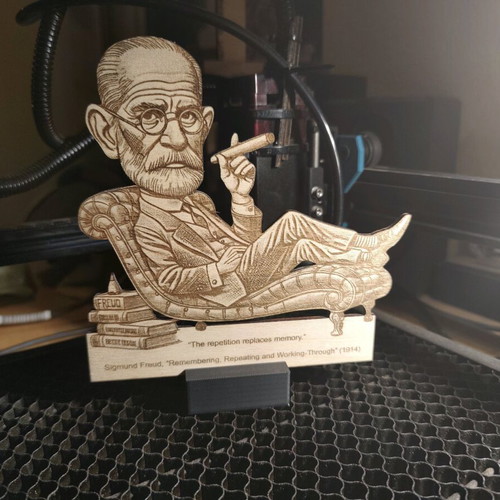 Engraved wooden Sigmund Freud stand new