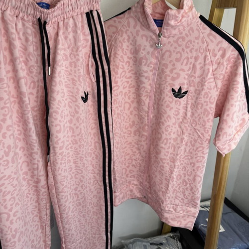 Adidas leopard pink women's sportswear set with short-sleeve zip jacket and pants new