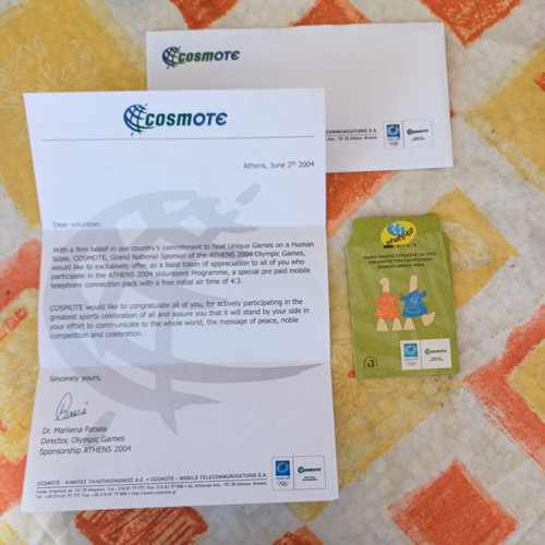 Athens 2004 Olympic Volunteer Set like new, official Cosmote letter and What's Up pack