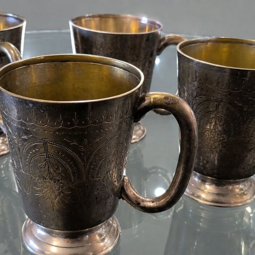 Silver-Plated Vintage Wine Cups set of 4 used, ornate floral engraving