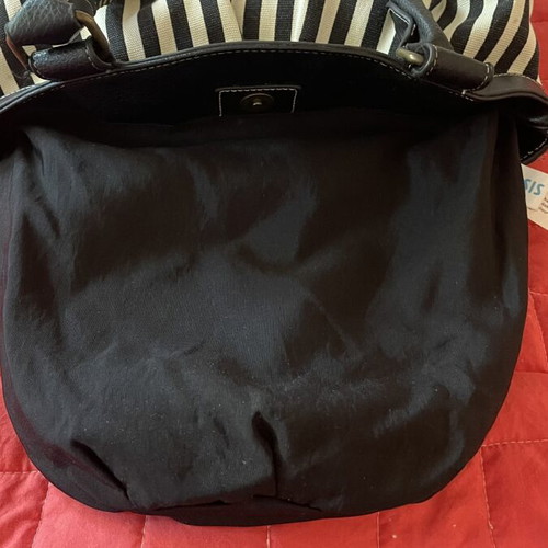 Oasis Handbag like new, black and white striped canvas with bronze details