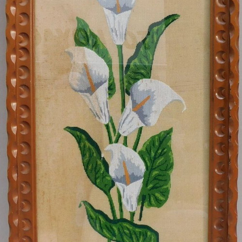 Embroidered painting with protective glass and carved wooden frame