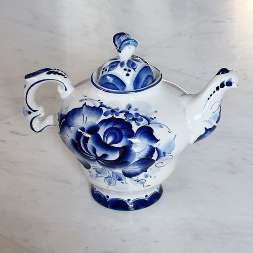 Gzhel porcelain handmade teapot coffee pot used 1990s